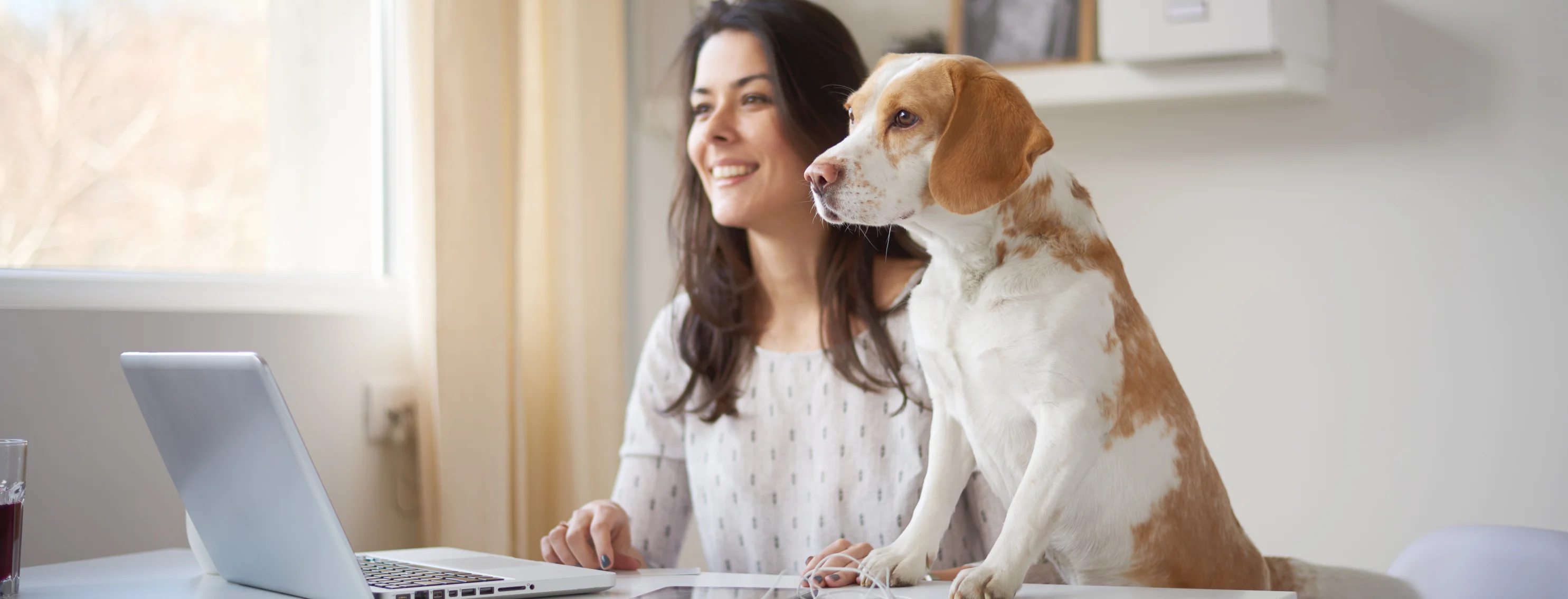 Woman and dog sitting at desk looking at laptop